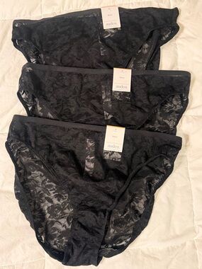Auden Size M Black Sheer Lace Bikini Panties 3-Pack Sexy Full Back Coverage